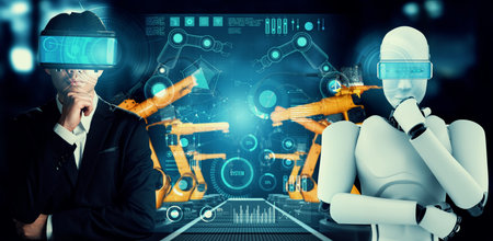 Mechanized industry robot and human worker working together in future factory . Concept of...