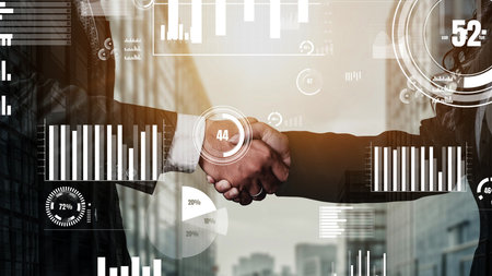 Conceptual business handshake with dashboard for financial data analysis . 3D render computer...