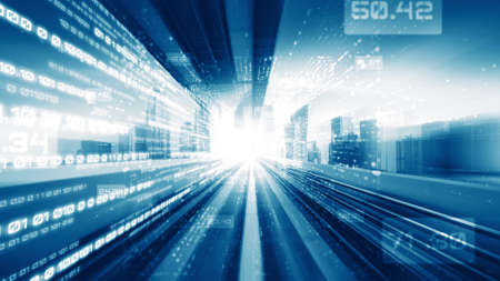 Digital data flow on road in concept of cyber global communication and coding with graphic creating vision of fast speed transfer to show agile digital transformation , disruptive innovation .の写真素材