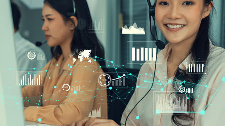 Customer support call center provide data with envisional graphic . Business and communication technology concept .の写真素材