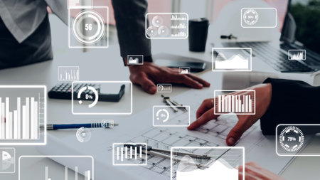 Conceptual vision of business people in corporate staff meeting . Concept of digital technology for marketing data analysis and investment decision making .の写真素材
