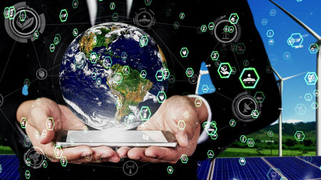 Conceptual environmental conservation and sustainable ESG development . 3D render computer graphic .