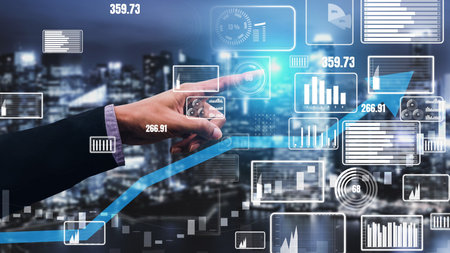Double Exposure of Business and Finance Conceptual - Businessman with report chart up forward to...