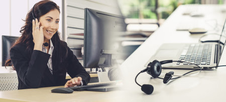 Business people wearing headset working in office to support remote customer or colleague. Call...