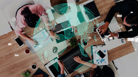 Conceptual vision of business people in the corporate staff meeting . Concept of digital technology...