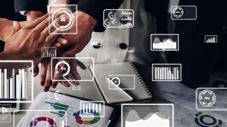 Conceptual business dashboard for financial data analysis . 3D render computer graphic .