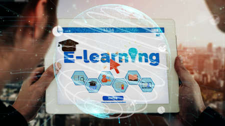 E-learning and Online Education for Student and University conceptual . Graphic interface showing technology of digital training course for people to do remote learning from anywhere.の写真素材