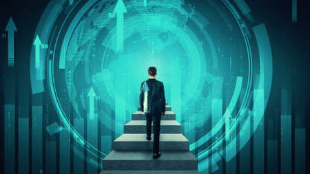 Business growth potential concept with virtual graphic of financial success . Businessman with report chart up forward to global career path growth and achievement in stock market investment .の写真素材