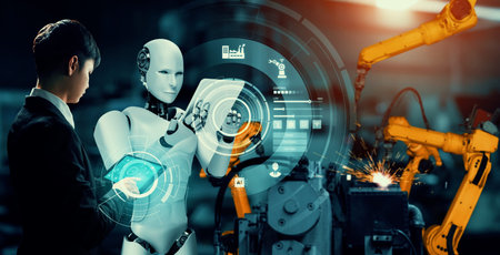 Mechanized industry robot and human worker working together in future factory . Concept of...