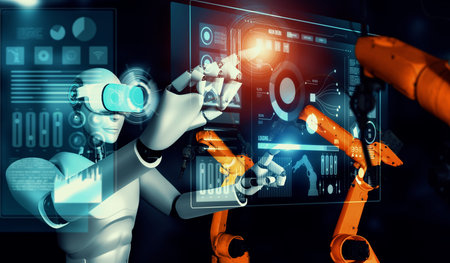 Mechanized industry robot and robotic arms for assembly in factory production . Concept of...