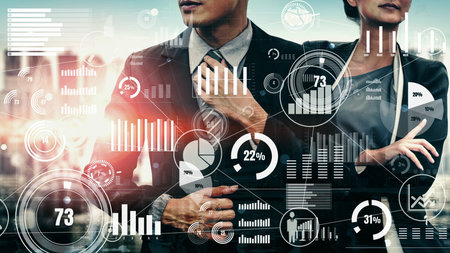 Conceptual business dashboard for financial data analysis . 3D render computer graphic .