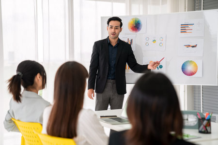 Business people proficiently discuss work project while sitting in circle . Corporate business team collaboration concept .の写真素材