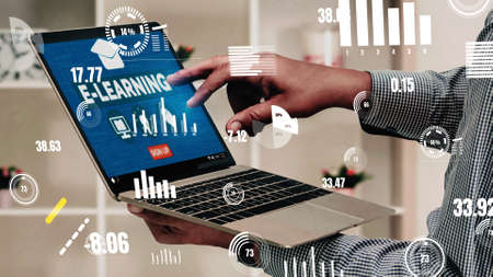 E-learning and Online Education for Student and University conceptual . Graphic interface showing technology of digital training course for people to do remote learning from anywhere.の写真素材