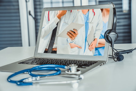 Telemedicine service online video call for doctor to actively chat with patient via remote healthcare consultant software . People can use app to contact doctors for virtual meeting from home .の写真素材