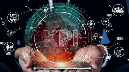 KPI Key Performance Indicator for Business conceptual - Modern graphic interface showing symbols of...