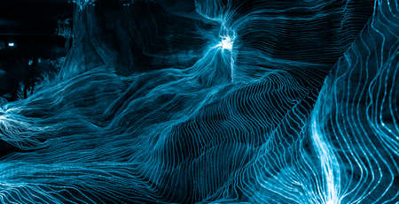 Abstract wave of digital weave lines connecting network dots and dark background . Modern 3D mesh pattern design geometric showing futuristic computer science technology concepts .の写真素材