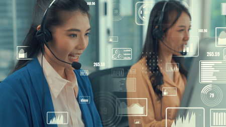 Customer support call center provide data with envisional graphic . Business and communication...