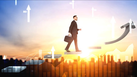 Business growth potential concept with virtual graphic of financial success . Businessman with report chart up forward to global career path growth and achievement in stock market investment .の写真素材