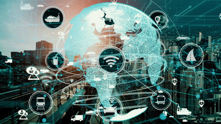 Smart transport technology concept for future car traffic on newish city road . Virtual intelligent...