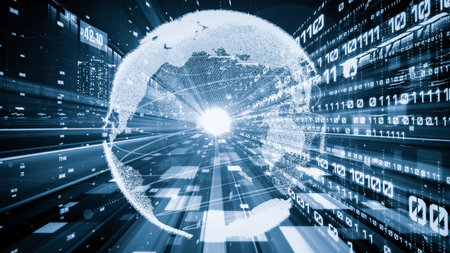 Futuristic global network and tacit digital data transfer 3D graphic . Concept of smart digital...