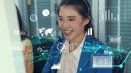 Customer support call center provide data with envisional graphic . Business and communication...