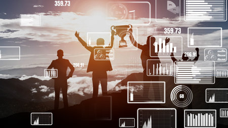 Achievement and Business Goal Success conceptual - Creative business people with icon graphic interface showing employee reward giving for business success achievement.の写真素材