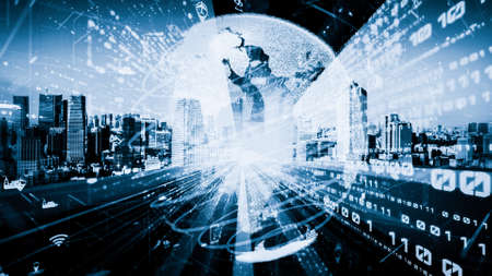 Smart transportation in tacit futuristic city with online traffic control system . Concept of smart digital transformation and technology disruption that changes global trends in new information era .の写真素材