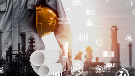 Future factory plant and inventive energy industry concept in creative graphic design. Oil, gas and...