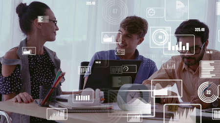 Conceptual vision of business people in corporate staff meeting . Concept of digital technology for marketing data analysis and investment decision making .の写真素材