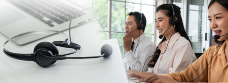 Business team wearing headset working actively in office . Call center, telemarketing, customer support agent provide service on telephone video conference call.の写真素材