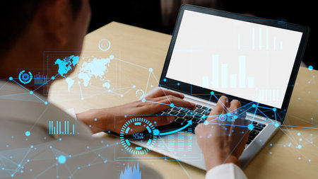 Conceptual business dashboard for financial data analysis . 3D render computer graphic .