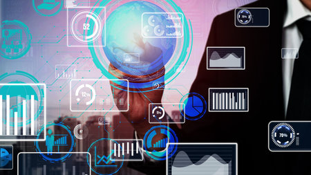 Conceptual business dashboard for financial data analysis . 3D render computer graphic .
