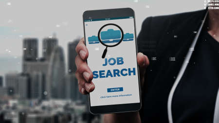 Human Resources Recruitment and People Networking conceptual . Modern graphic interface showing professional employee hiring and headhunter seeking interview candidate for future manpower.の写真素材