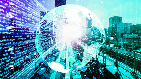 Futuristic global network and tacit digital data transfer 3D graphic . Concept of smart digital...