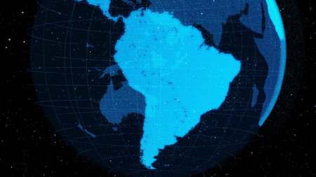 3D Digital orbital earth in cyberspace showing concept of network technology . Hologram of globe...