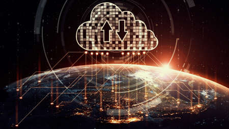 Cloud computing technology and online data storage for shrewd business network concept . Computer connects to internet server service for cloud data transfer presented in 3D futuristic graphic .の写真素材