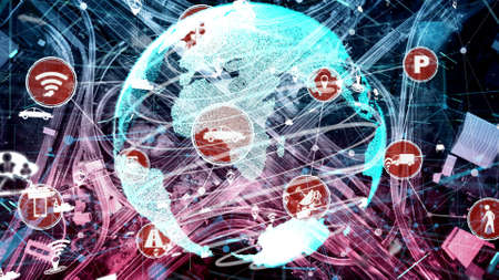 Smart transport technology concept for future car traffic on newish city road . Virtual intelligent system makes digital information analysis to connect data of vehicle on city street .の写真素材