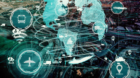 Smart transport technology concept for future car traffic on newish city road . Virtual intelligent...