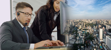 Business people wearing headset working in office to support remote customer or colleague. Call...