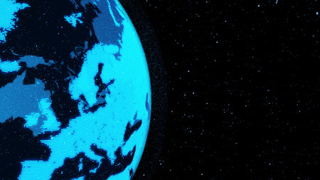3D Digital orbital earth in cyberspace showing concept of network technology . Hologram of globe...