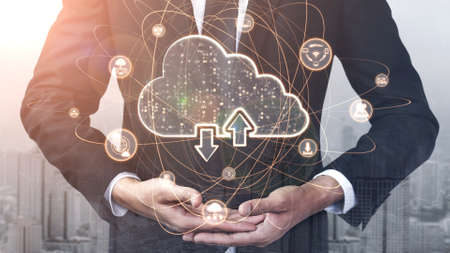 Cloud computing technology and online data storage for shrewd business network concept . Computer connects to internet server service for cloud data transfer presented in 3D futuristic graphic .の写真素材