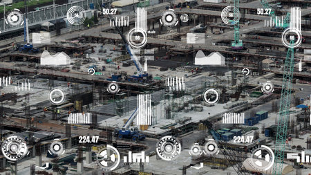 Construction technology concept with alteration graphic over construction site showing concept of...