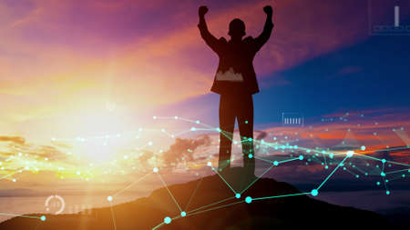 Achievement and Business Goal Success conceptual - Creative business people with icon graphic interface showing employee reward giving for business success achievement.の写真素材