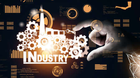 Futuristic industry 4.0 and inventive mechanized engineering concept with graphic user interface showing automation design, robot operation, usage of machine deep learning for future manufacturing.の写真素材