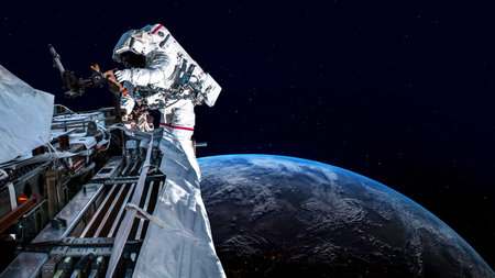 Astronaut spaceman do spacewalk while working for spaceflight mission at space station . Astronaut...