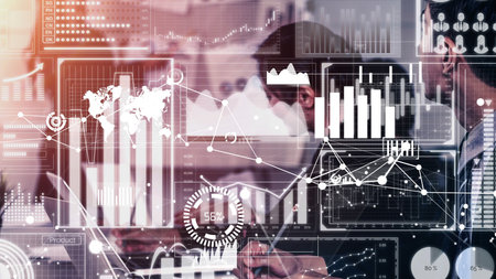 Conceptual business dashboard for financial data analysis . 3D render computer graphic .