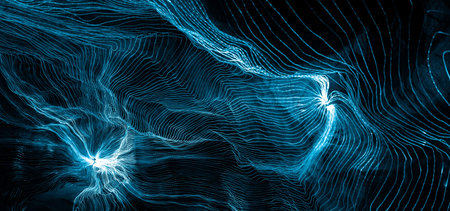 Abstract wave of digital weave lines connecting network dots and dark background . Modern 3D mesh pattern design geometric showing futuristic computer science technology concepts .の写真素材