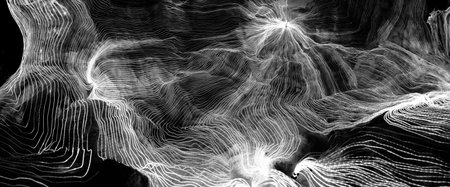 Abstract wave of digital weave lines connecting network dots and dark background . Modern 3D mesh...