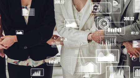 Conceptual vision of business people in the corporate staff meeting . Concept of digital technology for marketing data analysis and investment decision making .の写真素材