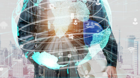 Future building construction and inventive engineering project concept with HUD hologram graphic...